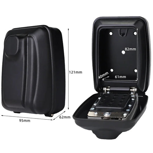 Black wall-mounted metal key lock box with hinged cover and dimension labels showing closed and open views.