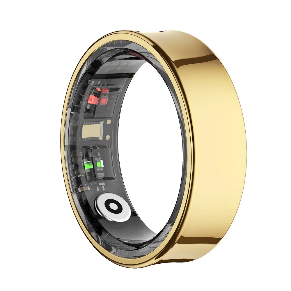 Polished gold smart health tracking ring, showing internal biometric sensors and electronic components on a white background.