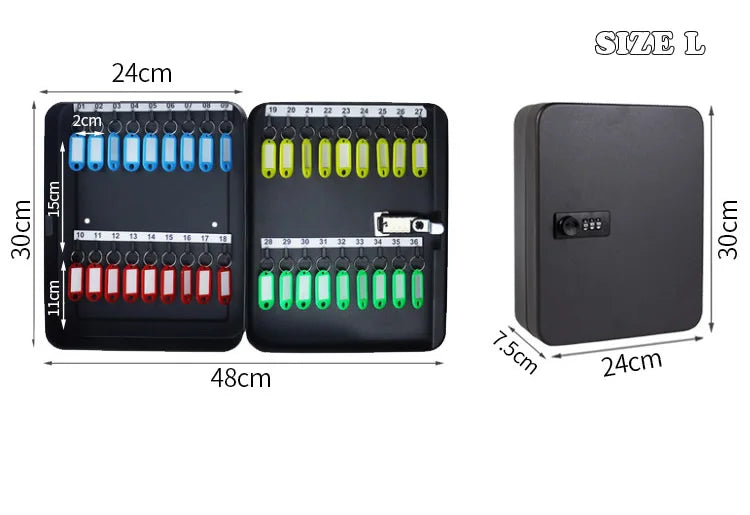 Black metal key cabinet with combination lock, 36 numbered hooks, and multicolored plastic key tags, size large.