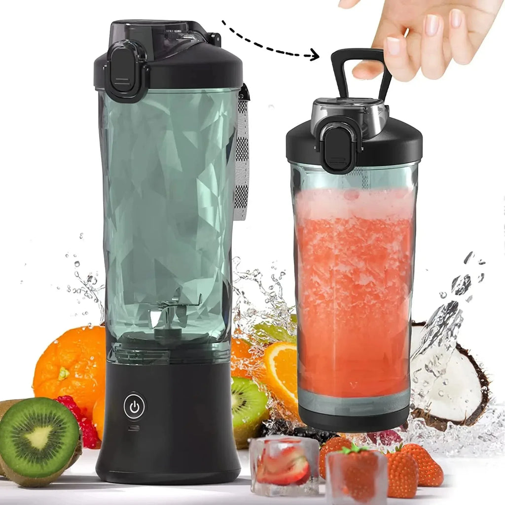 Portable black and green geometric design personal blender bottle with a hand strap, surrounded by fresh fruit.