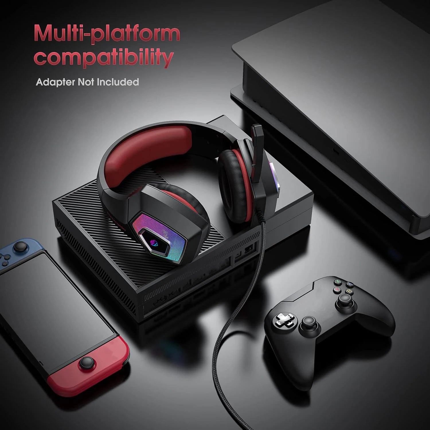 Black and red wired gaming headset with glowing RGB ear cups and a flip-down microphone.