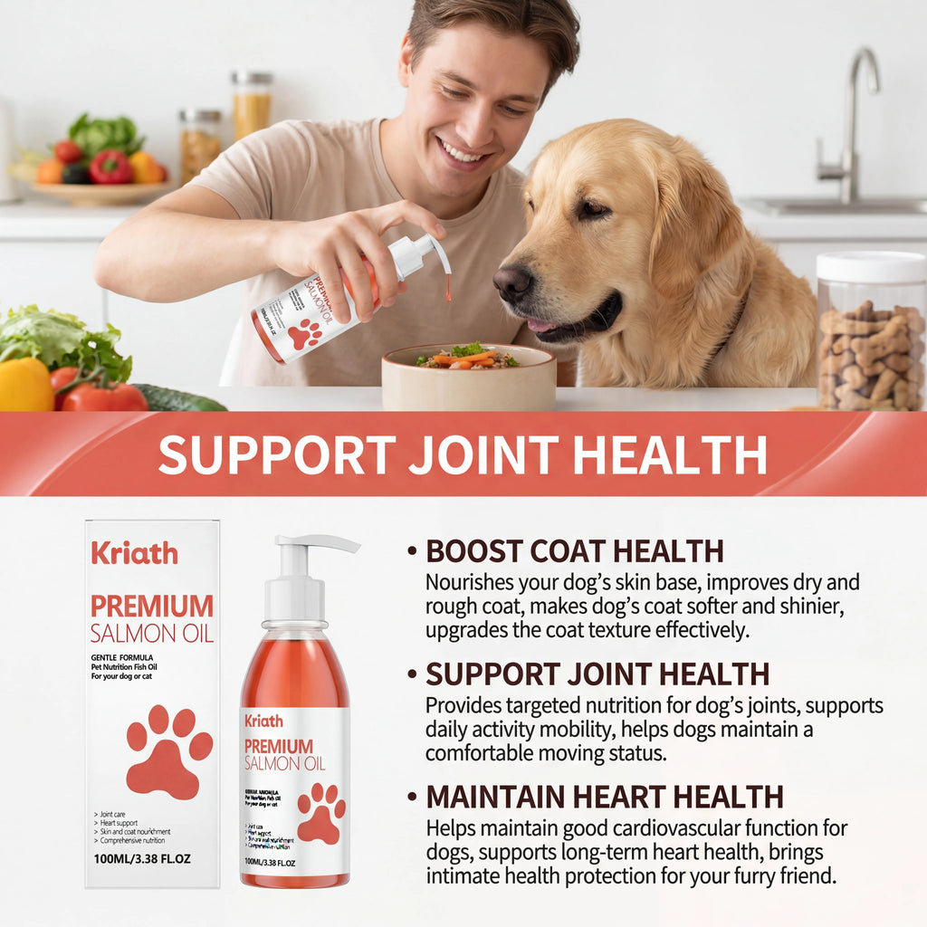 A man pumping amber-coloured salmon oil supplement onto food for a Golden Retriever to support joint and coat health.