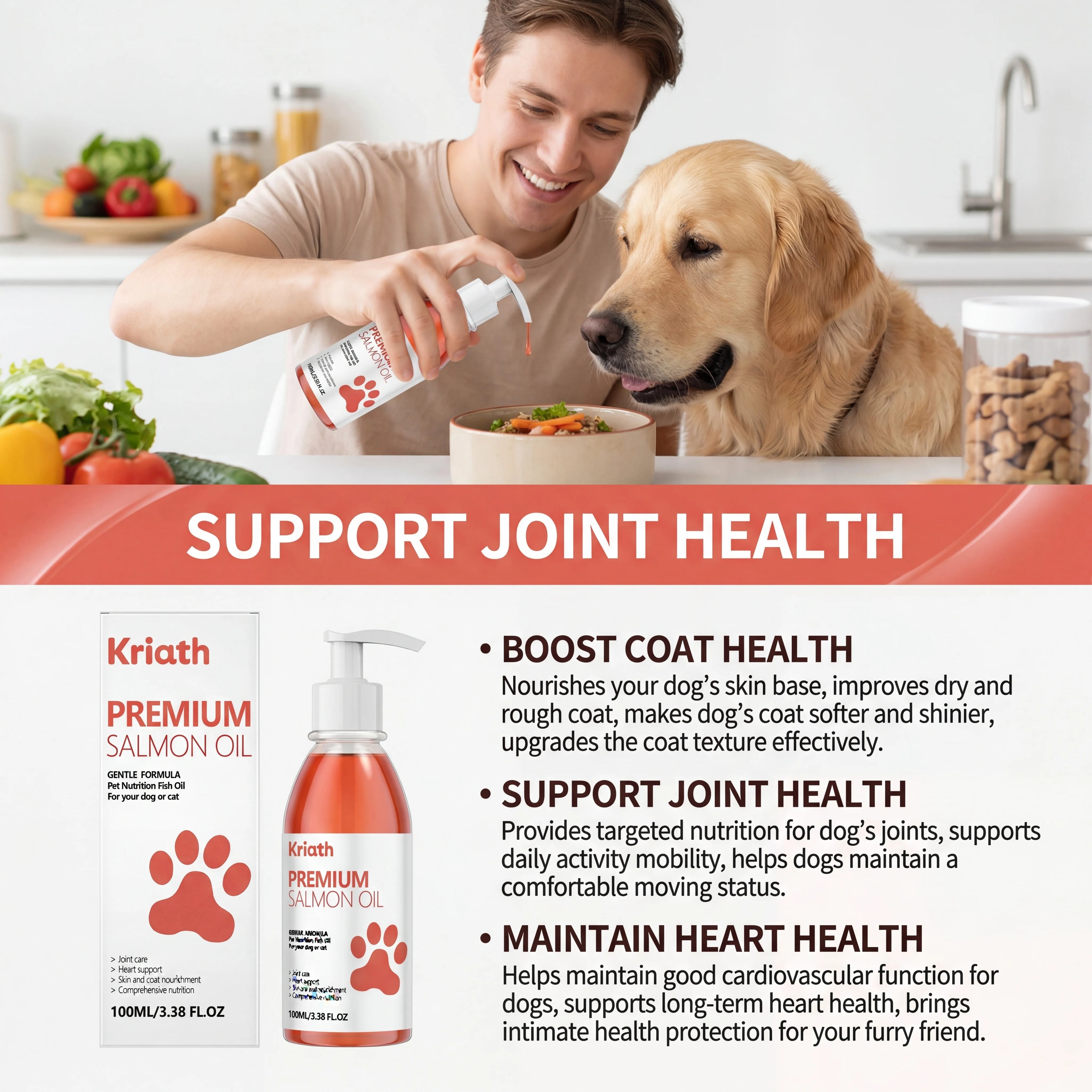 A man pumping amber-coloured salmon oil supplement onto food for a Golden Retriever to support joint and coat health.
