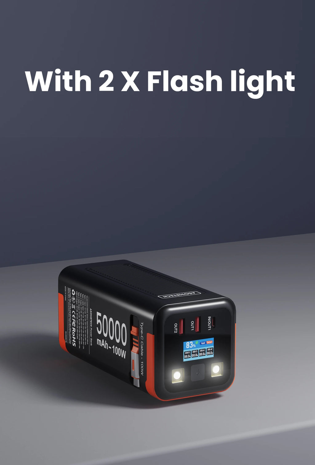Black and orange 50,000mAh portable power bank with 100W fast charging, multi-port display, and dual integrated torches.