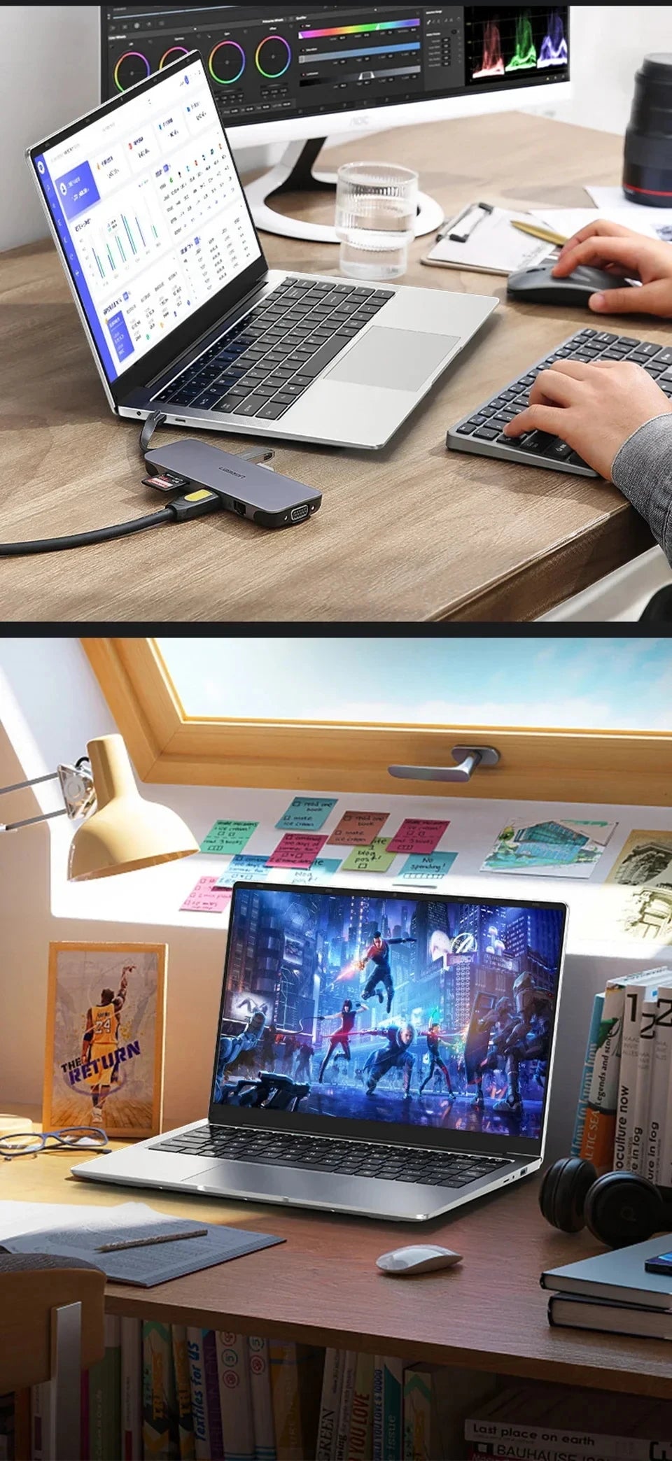 Slim silver 14.1-inch laptop showing professional workspace and gaming displays on desk.