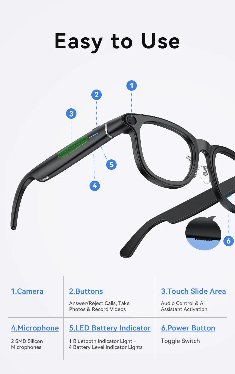 Black smart glasses with integrated HD camera, touch control, microphones, and LED battery indicator.