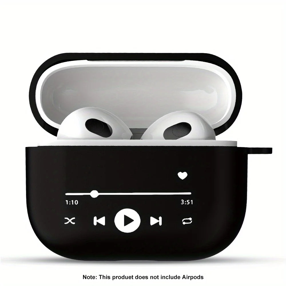 Black silicone case for AirPods 3, featuring a white music player interface print.