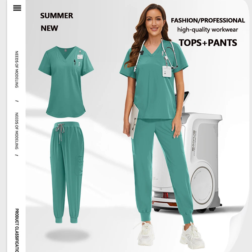 Unisex teal medical scrub set featuring a V-neck top with utility pockets and joggers with a drawstring waist.