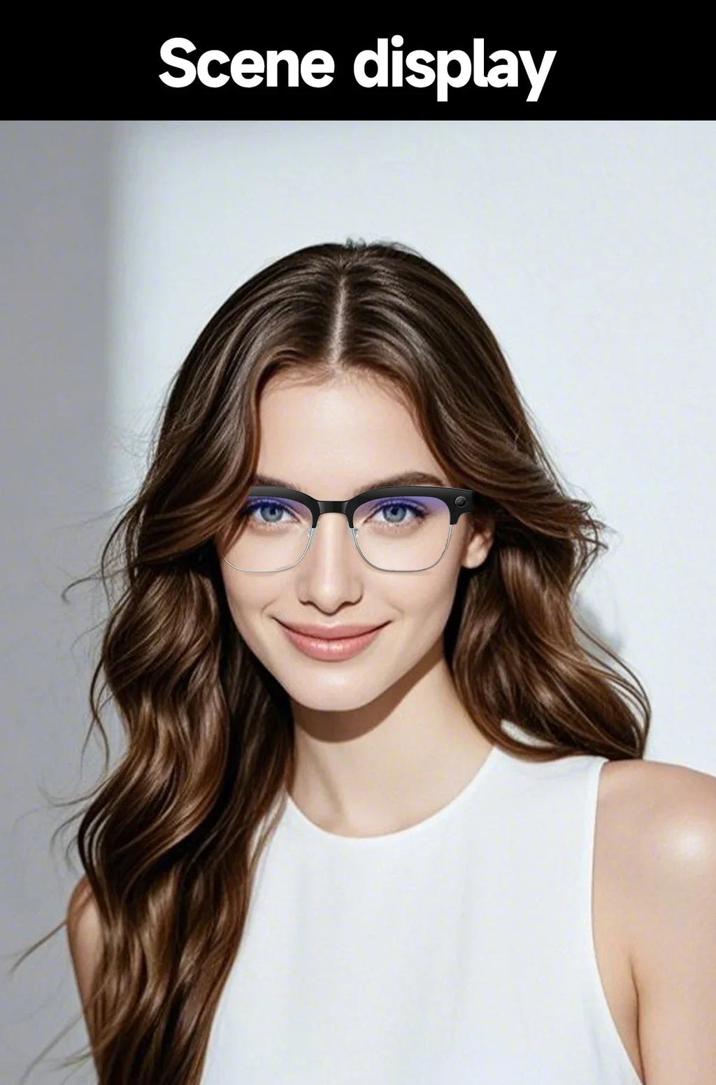 Woman wearing stylish black and silver smart glasses featuring an integrated camera on the frame.