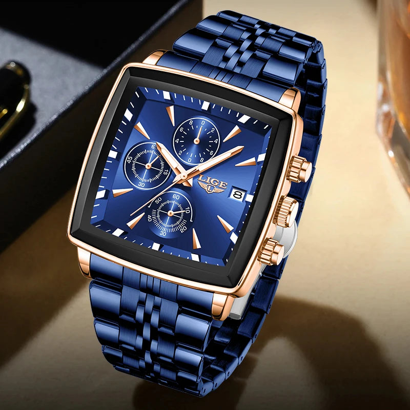LIGE blue and gold square chronograph quartz watch with link bracelet, sub-dials, and date window.