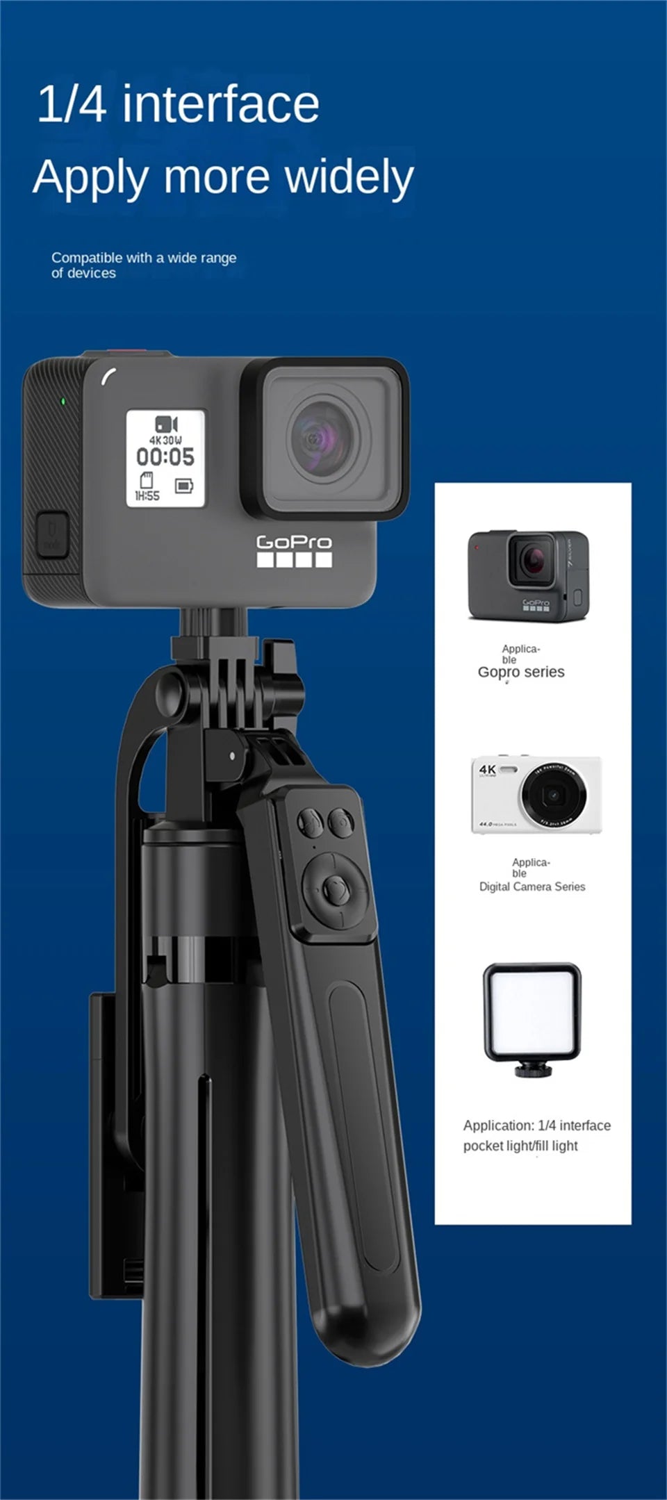 Black plastic tripod stand with a 1/4 inch screw mount, holding a GoPro action camera with integrated remote control.