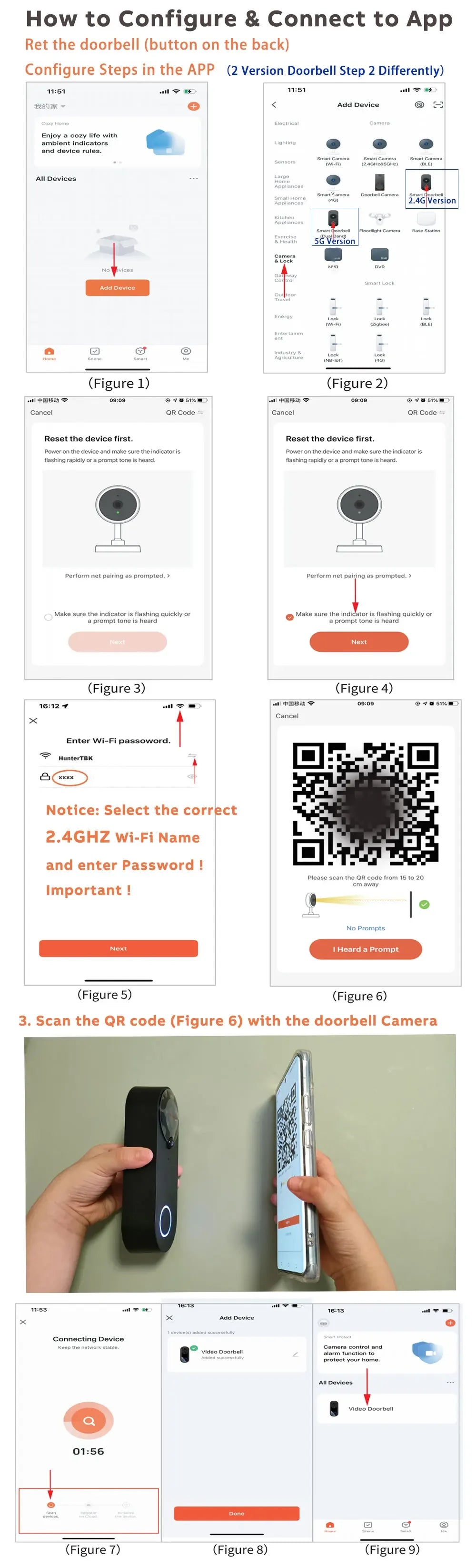 A step-by-step setup guide for a sleek, black 1080P wireless smart video doorbell, showing mobile app integration.