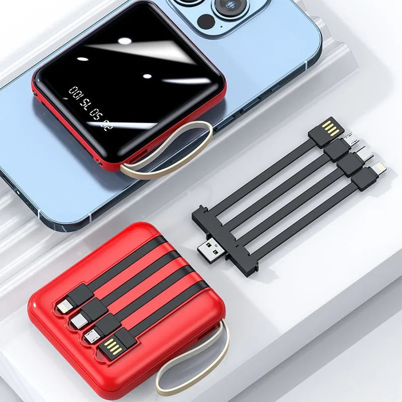 Red compact power bank with a digital LED display and four integrated multi-connector charging cables.