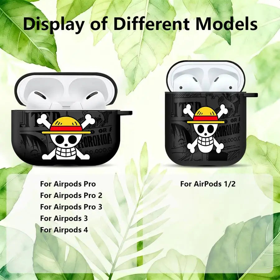 Black One Piece anime design case for AirPods Pro, 3, 4, and 1/2. Durable protective covers on a leaf background.