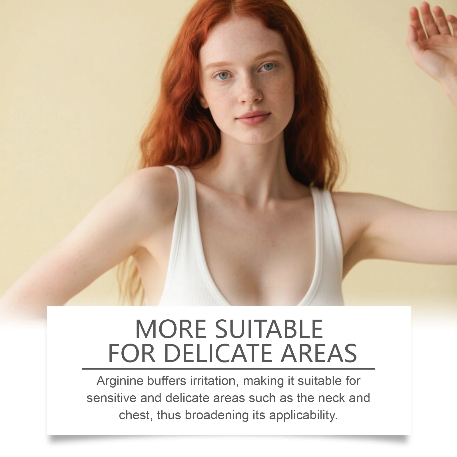 Young woman with red hair wearing a white ribbed tank top, text overlay highlights suitability for delicate areas.
