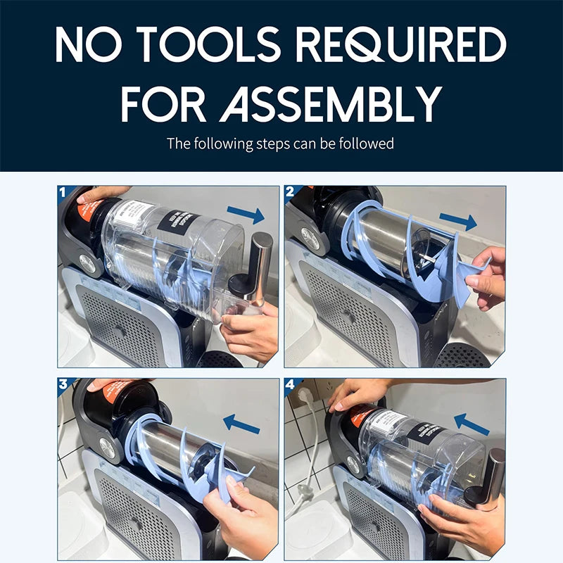 Four-step guide showing how to easily slide a pale blue plastic auger onto a stainless steel slushie machine core.