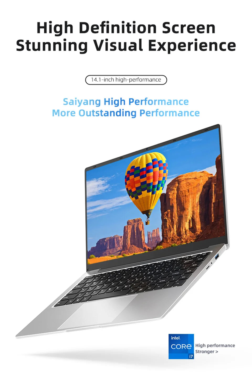 Slim, silver 14.1-inch laptop with a black keyboard, displaying a vibrant hot air balloon landscape on the screen.