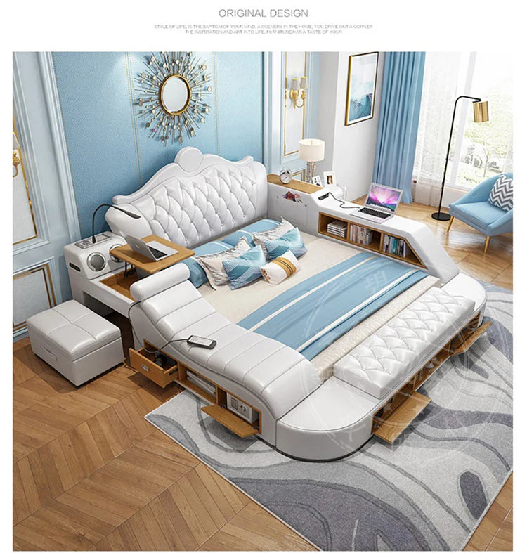 White, tufted modern double bed with integrated storage, shelving, a built-in desk, and matching stool.