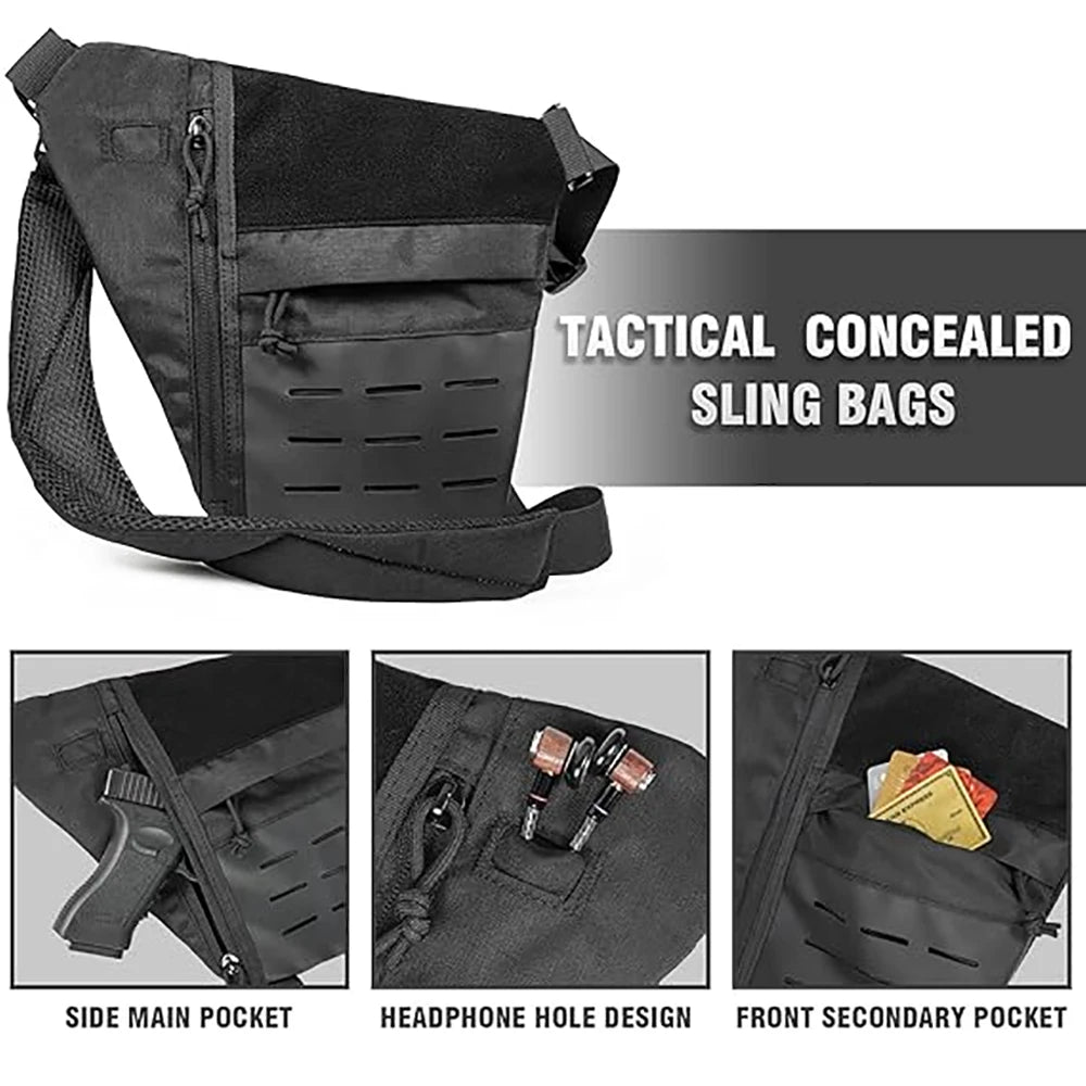 Black tactical crossbody sling bag featuring multiple pockets, laser-cut molle webbing, and a headphone cable port.
