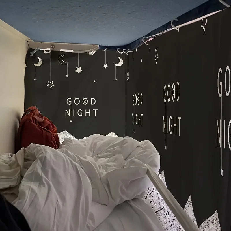 Black blackout bunk bed curtain featuring white 'Good Night' text and hanging moon and star patterns.