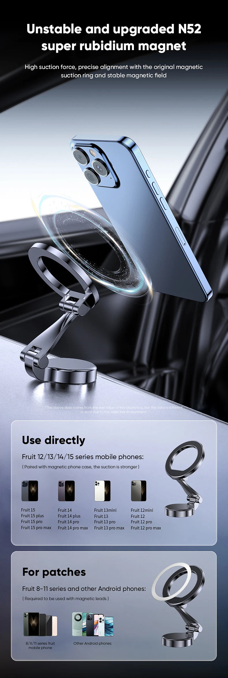 Dark grey, adjustable magnetic phone car mount with a ring-shaped head for secure, hands-free smartphone attachment.