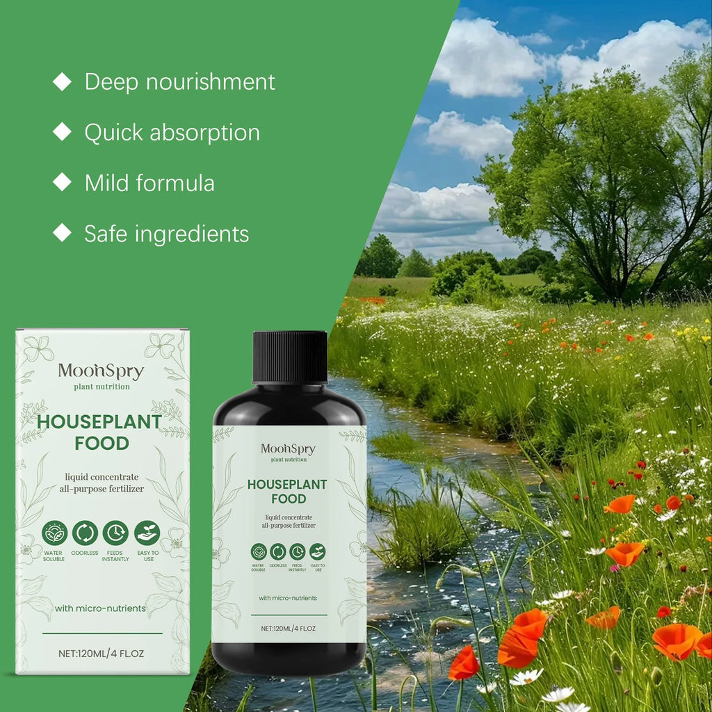 120ml bottle of liquid all-purpose houseplant fertilizer with white label and nourishing, water-soluble formula.