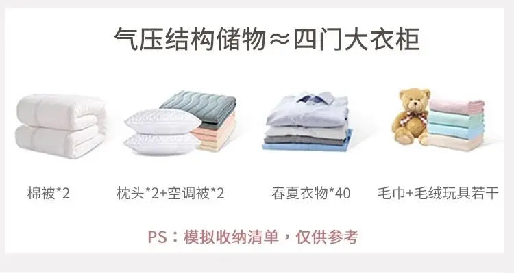 Infographic showing the large storage capacity of a bed frame, holding bedding, pillows, clothing, towels, and toys.