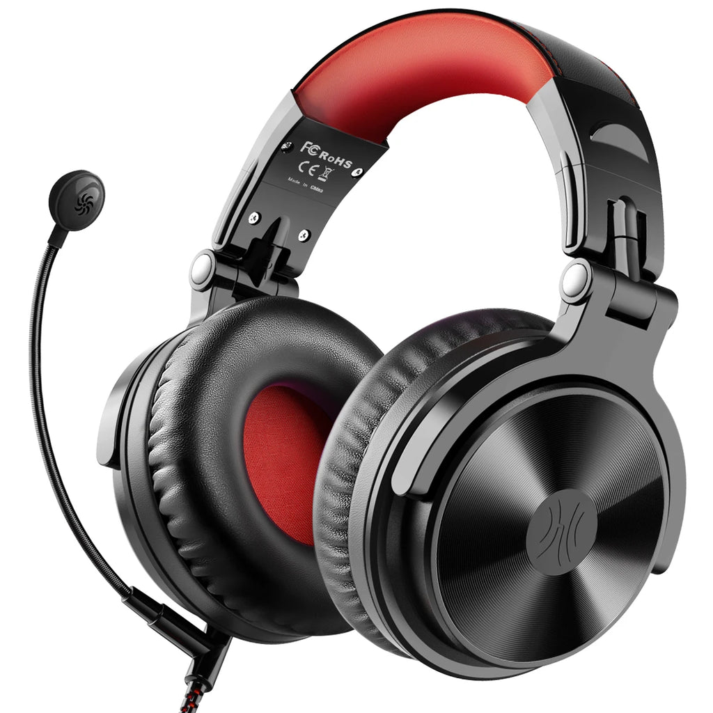 Black and red wireless over-ear headphones with a detachable boom microphone and cushioned ear cups.