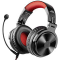 Black and red wireless over-ear headphones with a detachable boom microphone and cushioned ear cups.
