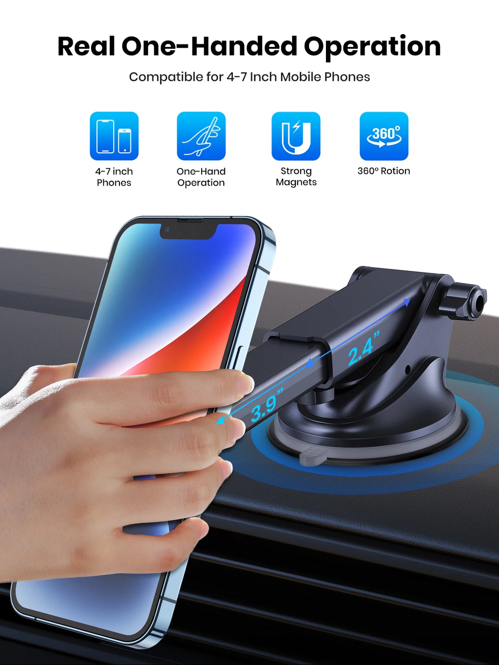 Black magnetic phone car mount with suction base, showing one-handed operation for 4–7 inch devices on a dashboard.