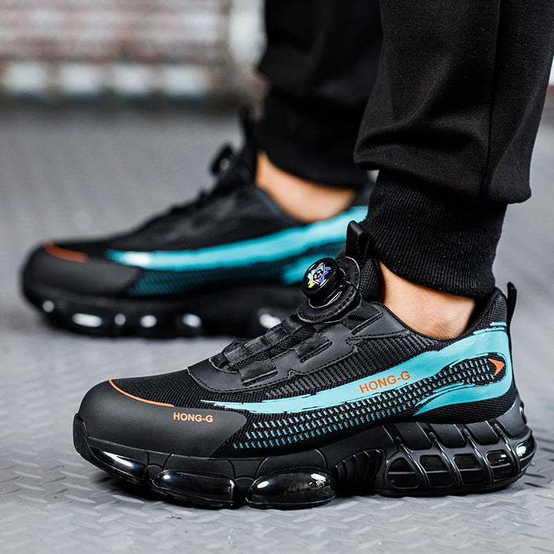 Black and turquoise steel toe work trainers with a dial lacing system, chunky cushioned soles and mesh panels.