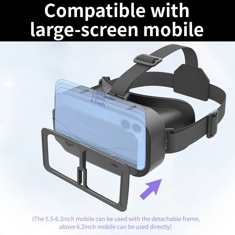 Black VR headset with adjustable straps, open phone slot, and a detachable frame for smaller smartphones.