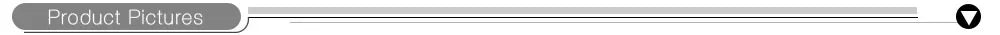 A silver metal grey horizontal banner featuring the text "Product Pictures" and a white downward-pointing arrow icon.