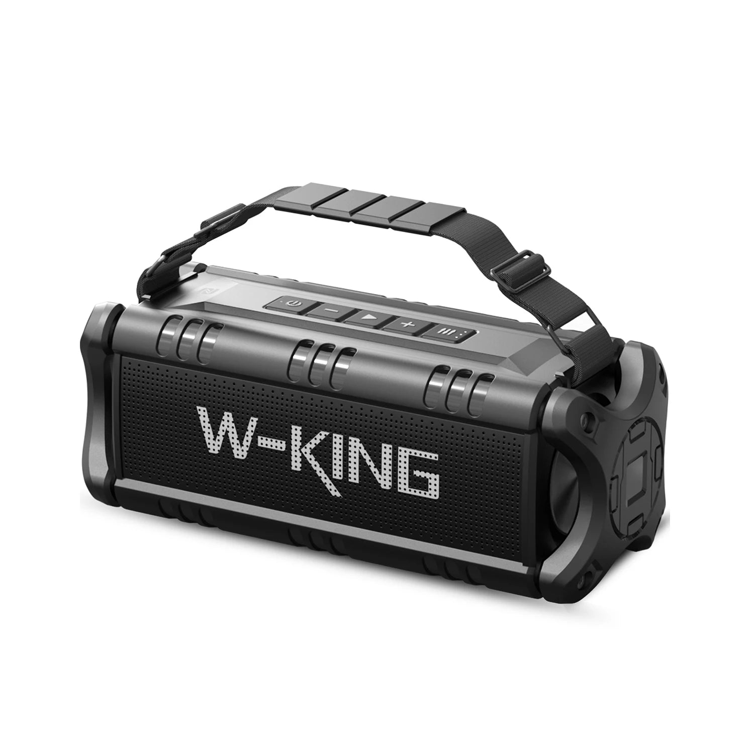 Black, rugged portable wireless speaker with a carry strap, top-mounted control buttons, and a textured mesh design.
