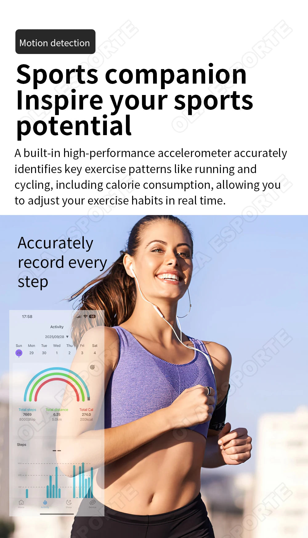 Sleek black smart ring worn by a woman running, paired with an app interface showing activity tracking data.