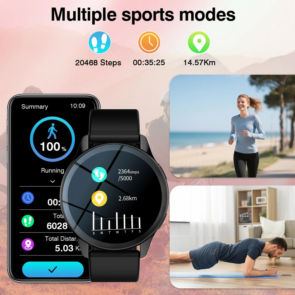 Black multi-sport smartwatch showing fitness data, step counts, and exercise tracking app interface.