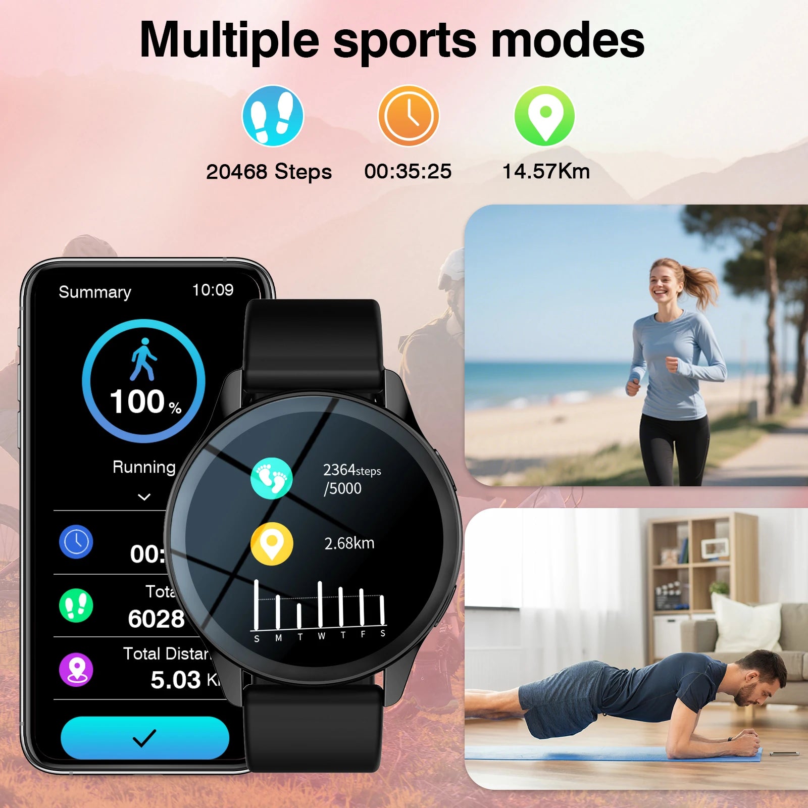 Black multi-sport smartwatch showing fitness data, step counts, and exercise tracking app interface.