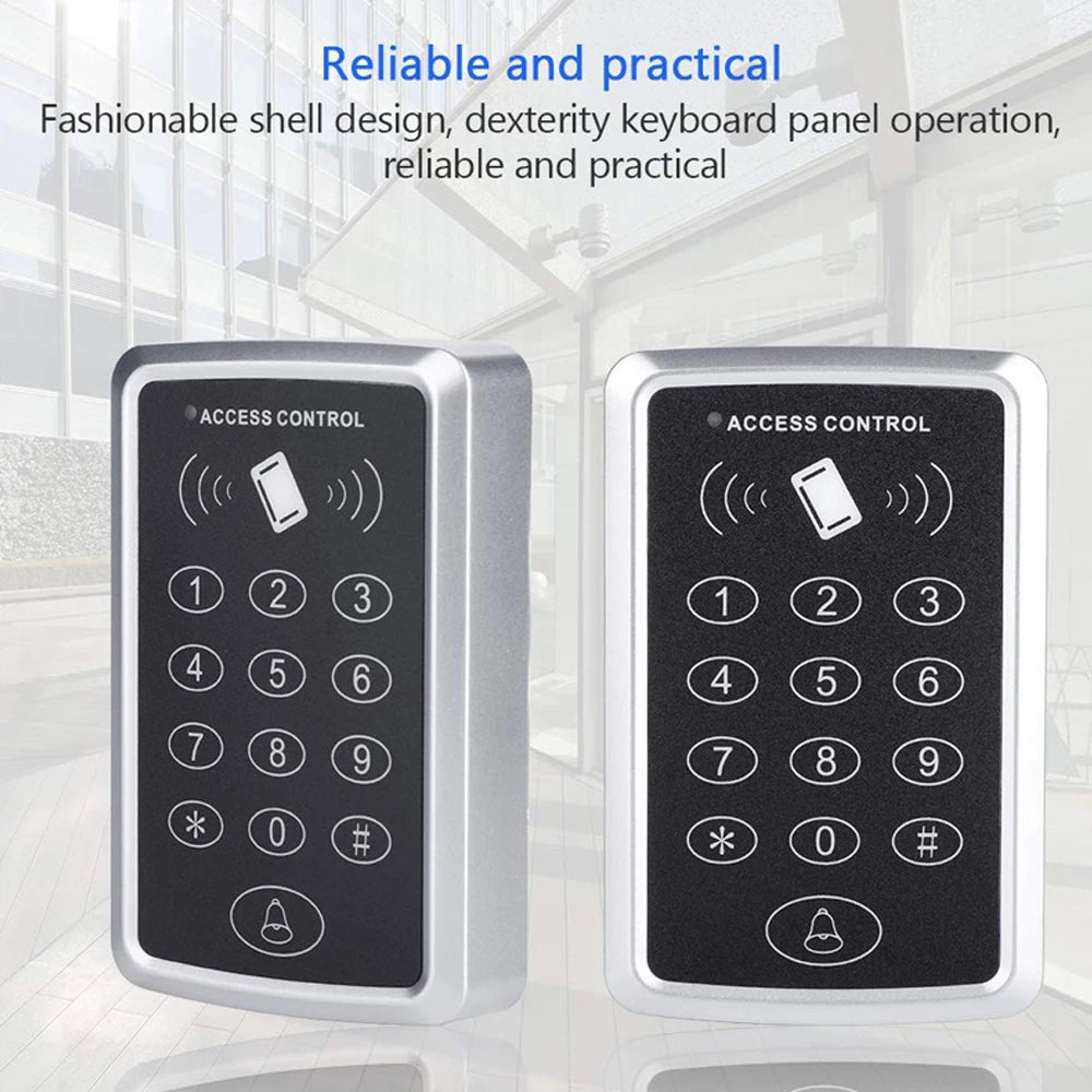 Two silver and black metal RFID access control keypads with numeric buttons and a doorbell icon.