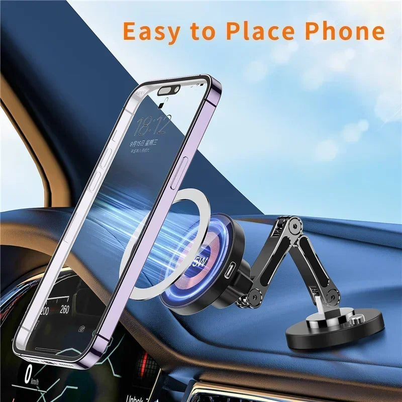 Magnetic car phone mount with a black, adjustable folding arm, attached to a car dashboard, holding a smartphone.