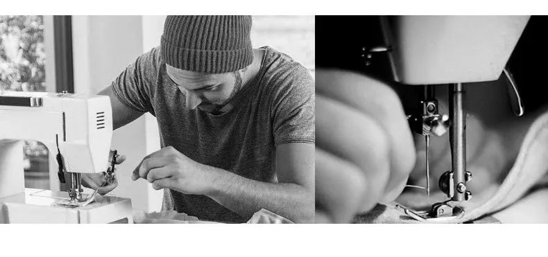 A black and white image of a craftsman using a sewing machine to hand-finish a vintage-style wool bowler hat.