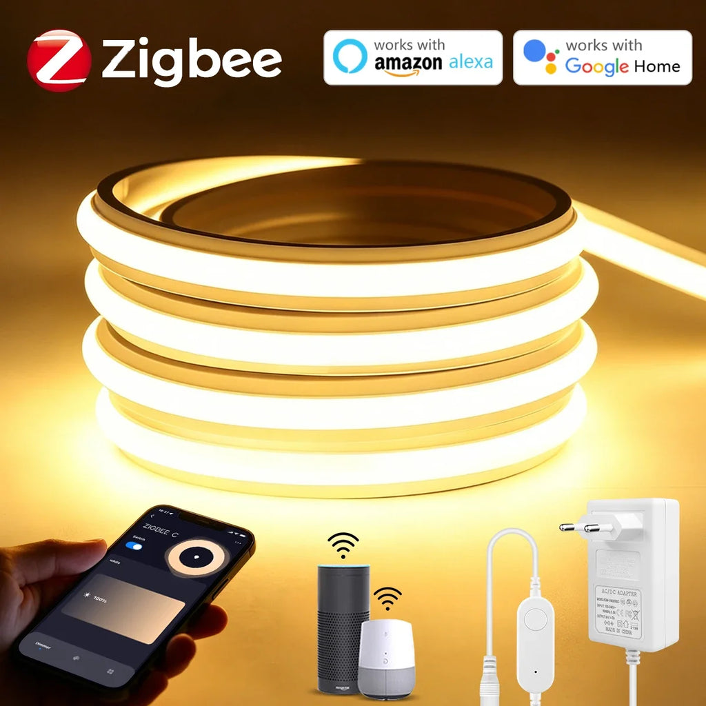 A coiled warm white LED neon strip light with app, voice control, and power adapter.