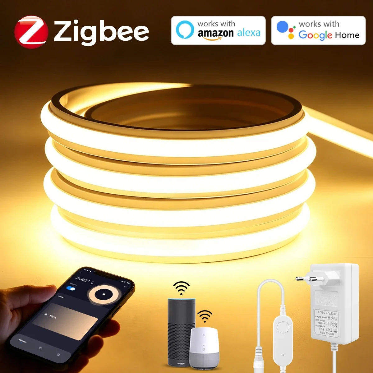 A coiled warm white LED neon strip light with app, voice control, and power adapter.