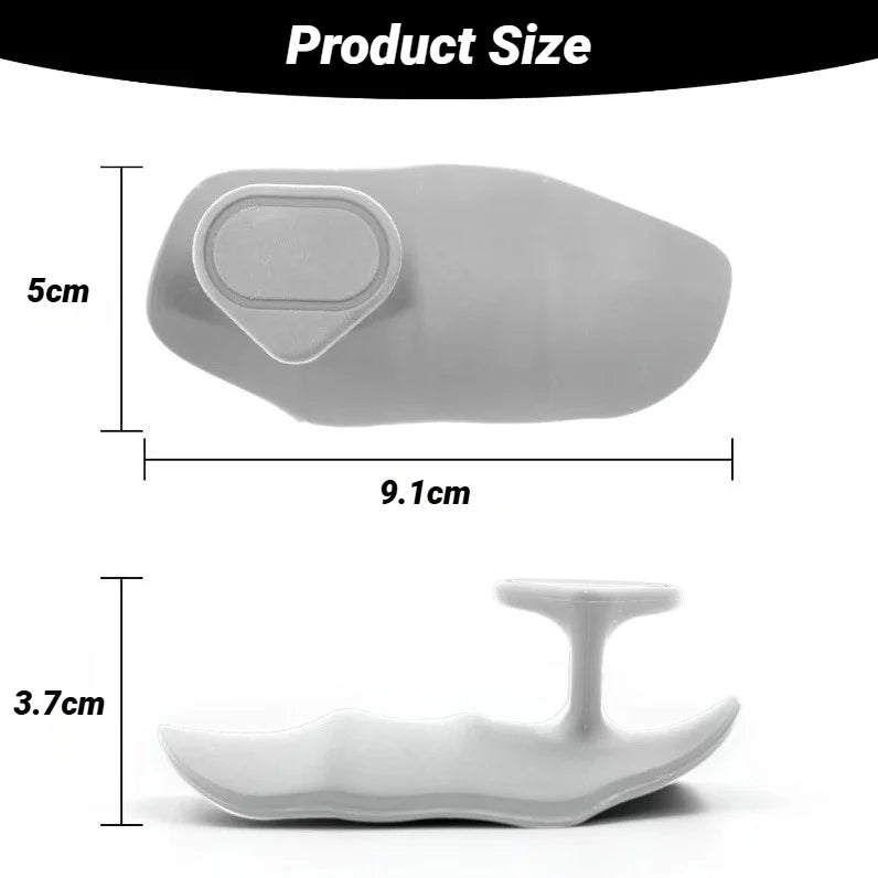 White ergonomic kitchen tool shown from top and side views with dimension labels (9.1cm length, 5cm width, 3.7cm height).