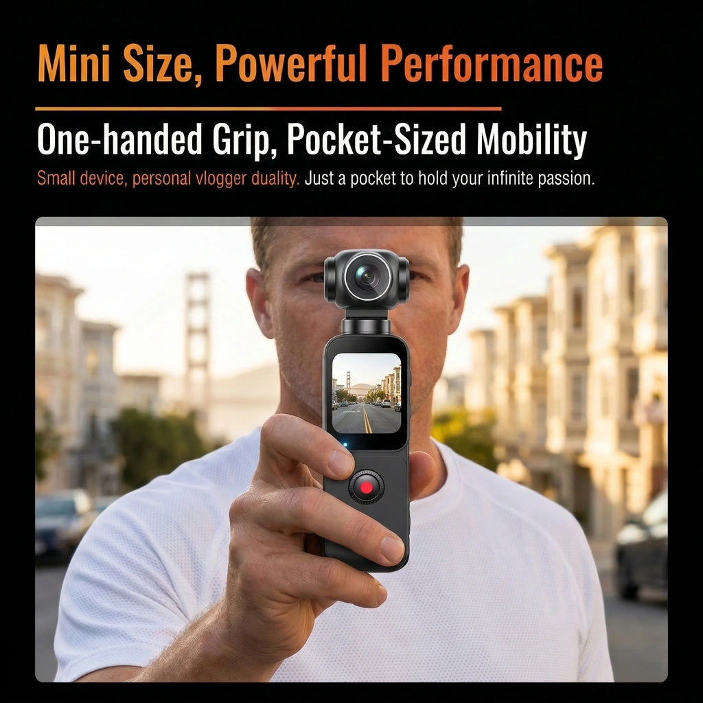 A man holds a compact black 4K vlogging camcorder with a built-in gimbal screen, featuring a simple one-handed design.