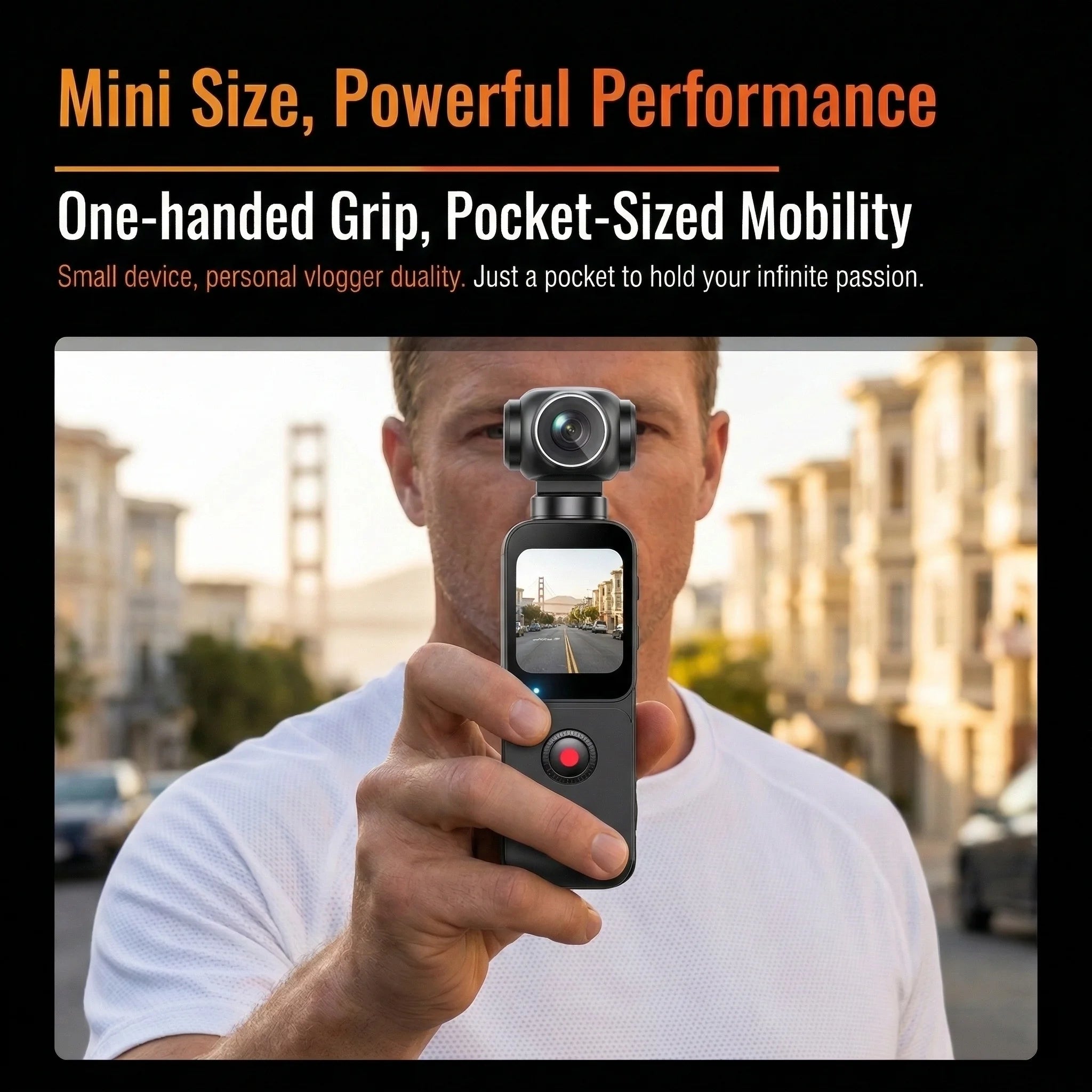 A man holds a compact black 4K vlogging camcorder with a built-in gimbal screen, featuring a simple one-handed design.