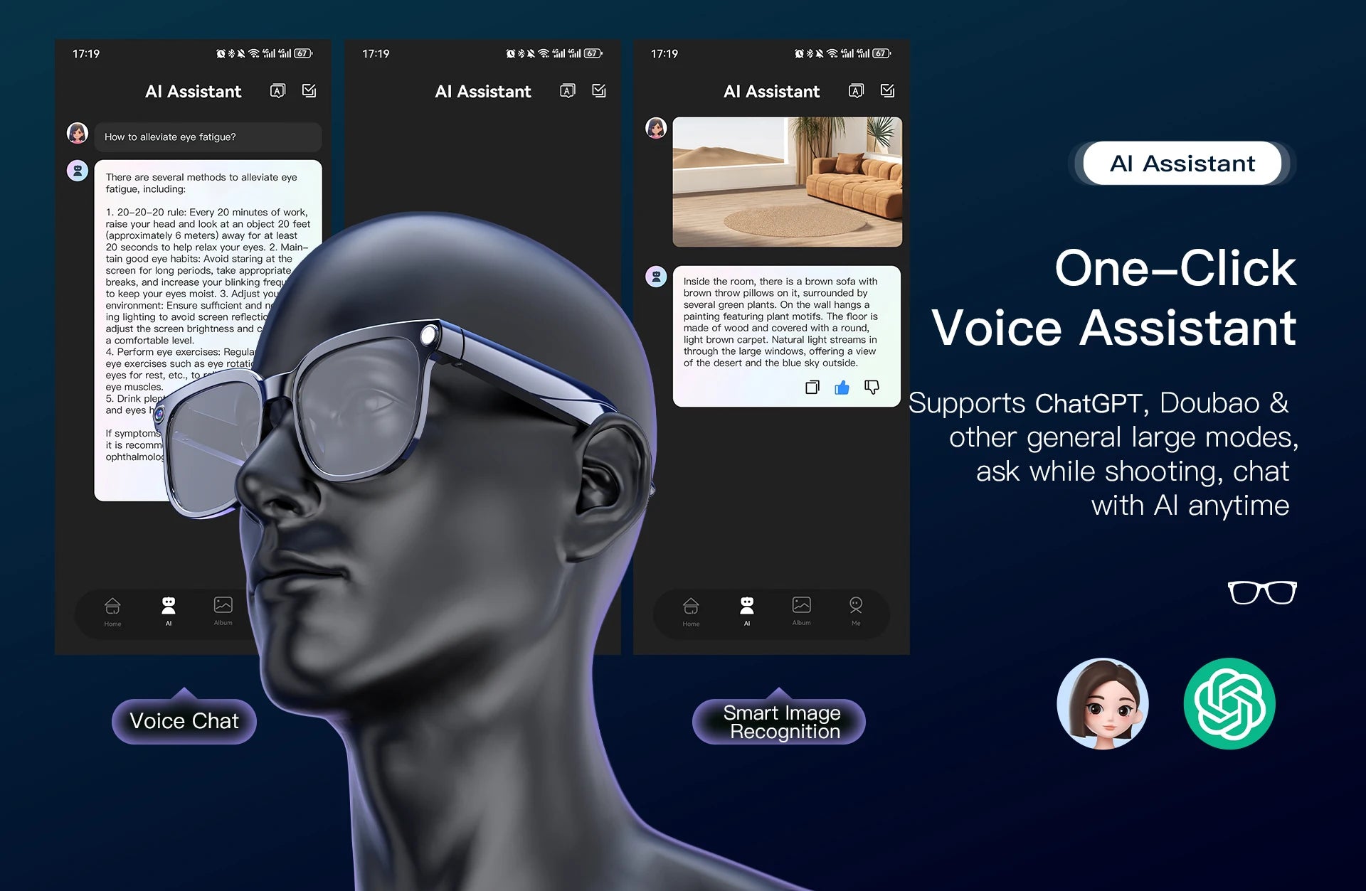 Sleek black smart glasses on a mannequin head, featuring an integrated camera, AI voice assistant and image recognition.