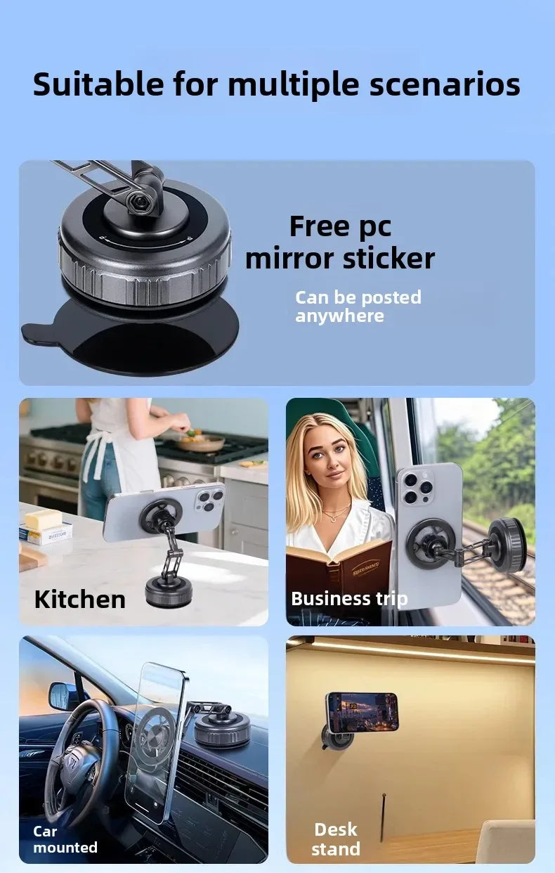 Grey magnetic phone mount with an adjustable arm and adhesive base, shown in kitchen, car, and office settings.