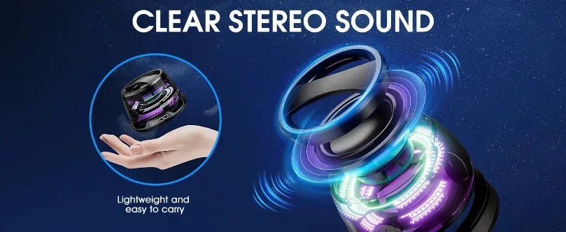 Portable black Bluetooth speaker with vibrant purple and green RGB lighting, a phone holder, and compact design.