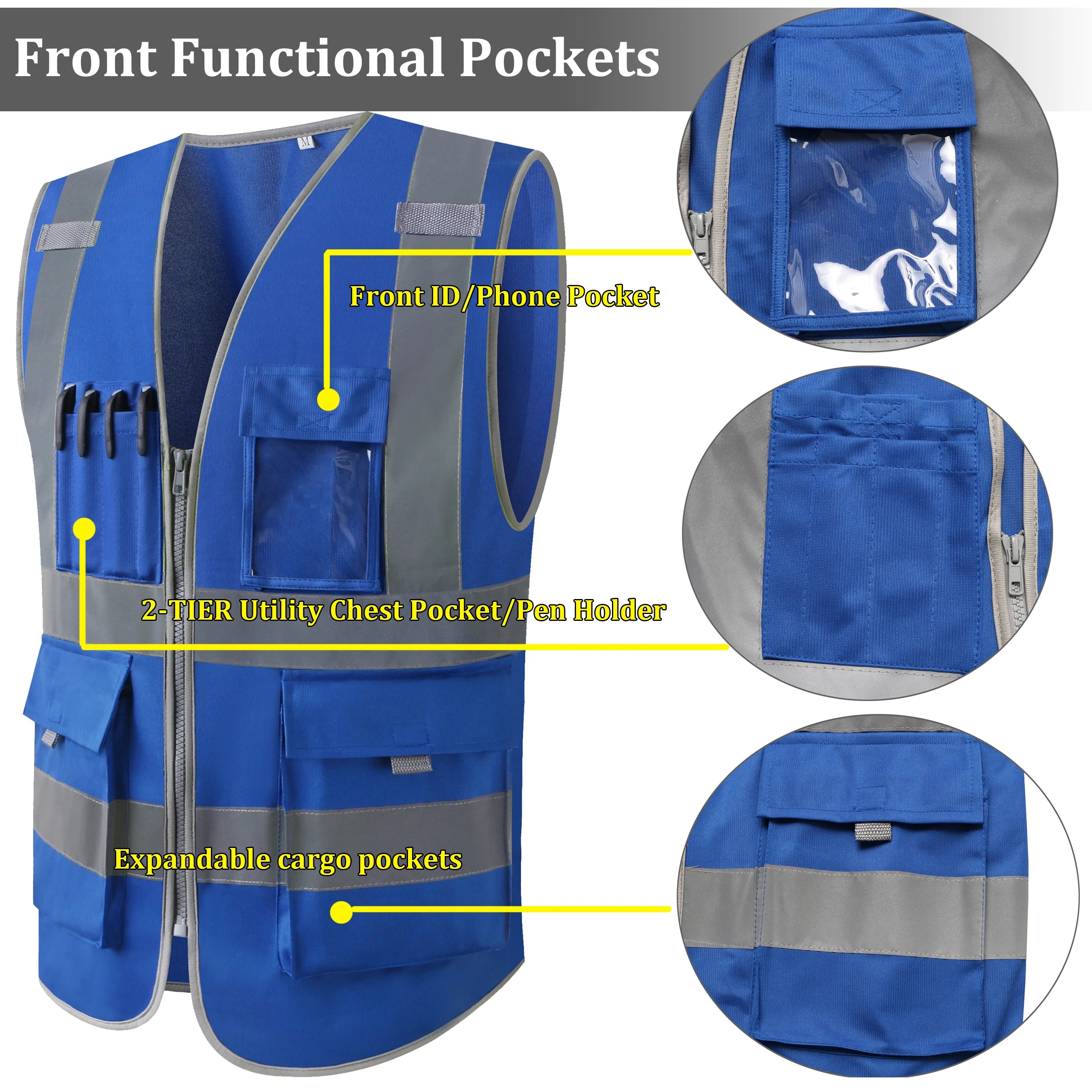 Blue hi-vis safety vest with reflective strips, featuring an ID pocket, pen holder, and expandable cargo pockets.
