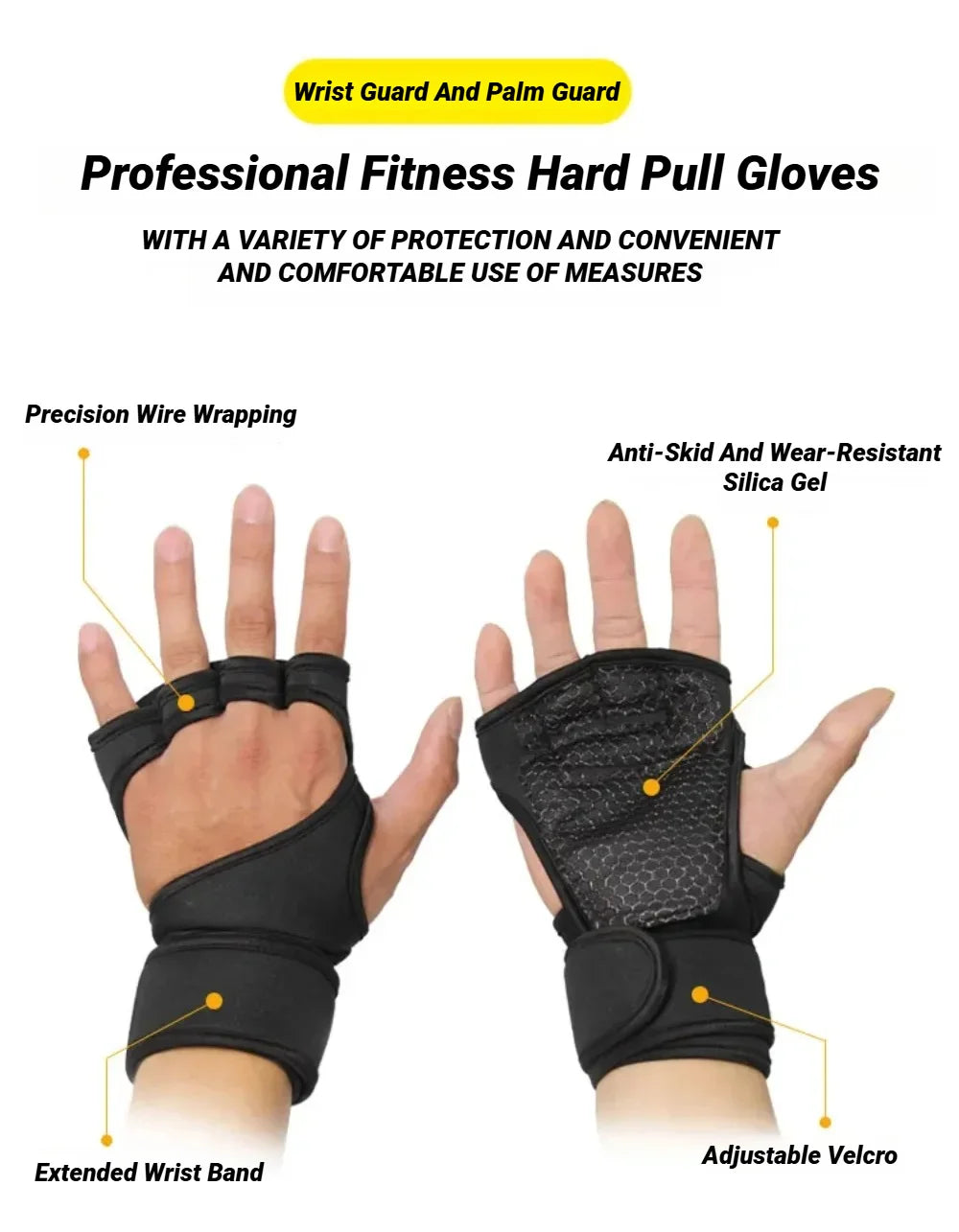 Black fingerless fitness gloves with textured silicone palm grips, extended wrist support, and adjustable velcro straps.